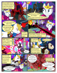 Size: 612x792 | Tagged: safe, artist:christhes, pinkie pie, prince blueblood, rarity, earth pony, pony, unicorn, comic:friendship is dragons, g4, alicorn amulet, alternate eye color, angry, blast, burnt, clothes, collaboration, comic, crossover, dialogue, dress, evil smile, eyes closed, female, fight, flower in mouth, frown, gala dress, garrett, glass slipper (footwear), glowing horn, grin, hat, high heels, horn, injured, jewelry, jumping, looking back, looking up, magic, magic beam, magic blast, male, mare, ninja, rose, rose in mouth, shoes, show accurate, smiling, stallion, thief (video game), tiara, unshorn fetlocks, worried