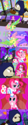Size: 1154x5193 | Tagged: safe, alternate version, artist:christhes, angel bunny, fluttershy, pinkie pie, earth pony, pegasus, pony, rabbit, comic:friendship is dragons, g4, animal, cloak, clothes, collaboration, comic, crossbow, crossover, dress, eyes closed, falling, female, flying, gala dress, garrett, grin, hat, looking down, male, mare, night, onomatopoeia, ponified, show accurate, smiling, stallion, starry eyes, stars, wingding eyes