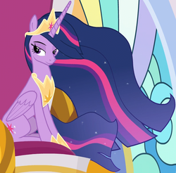 Size: 622x611 | Tagged: safe, screencap, twilight sparkle, alicorn, pony, g4, season 9, the last problem, concave belly, cropped, crown, ethereal mane, ethereal tail, female, final episode, finale, folded wings, horn, jewelry, lidded eyes, long horn, long mane, long tail, looking sideways, mare, monologue, older, older twilight, older twilight sparkle (alicorn), peytral, princess twilight 2.0, regalia, series finale, sitting, slender, solo, sparkly mane, sparkly tail, stained glass, tail, tall, thin, twilight sparkle (alicorn), wings