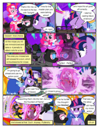 Size: 612x792 | Tagged: safe, artist:christhes, pinkie pie, twilight sparkle, earth pony, pony, unicorn, comic:friendship is dragons, g4, angry, baldur's gate, blast, cloak, clothes, collaboration, comic, dialogue, dizzy, dress, eyes closed, female, fight, gala dress, glowing horn, gritted teeth, hat, horn, horn ring, imoen, magic, magic beam, magic blast, mare, raised hoof, scared, show accurate, swirly eyes, telekinesis, unicorn twilight, worried
