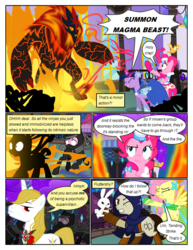 Size: 612x792 | Tagged: safe, artist:christhes, angel bunny, fluttershy, pinkie pie, prince blueblood, twilight sparkle, pony, rabbit, unicorn, comic:friendship is dragons, g4, alicorn amulet, alternate eye color, animal, burning, cloak, clothes, collaboration, comic, crossover, dialogue, dress, eyes closed, female, fight, fire, flower, gala dress, garrett, magma beast, male, mare, night, ninja, ponified, punch, rose, scared, show accurate, stallion, stars, surprised, thief (video game), thinking, unicorn twilight, wide eyes, worried