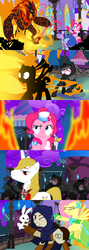 Size: 1920x5400 | Tagged: safe, alternate version, artist:christhes, angel bunny, fluttershy, pinkie pie, prince blueblood, twilight sparkle, pony, rabbit, unicorn, comic:friendship is dragons, g4, alicorn amulet, alternate eye color, animal, burning, cloak, clothes, collaboration, comic, crossover, dress, eyes closed, female, fight, fire, flower, gala dress, garrett, magma beast, male, mare, night, ninja, ponified, punch, rose, scared, show accurate, stallion, stars, surprised, thief (video game), thinking, unicorn twilight, wide eyes, worried