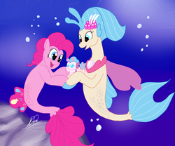Size: 1280x1065 | Tagged: safe, artist:linadoonofficial, pinkie pie, princess skystar, oc, oc:wave dancer, hybrid, seapony (g4), g4, baby, family, female, flower, flower in hair, interspecies offspring, lesbian, magical lesbian spawn, offspring, parent:pinkie pie, parent:princess skystar, parents:skypie, seaponified, seapony pinkie pie, ship:skypie, shipping, species swap, underwater, water