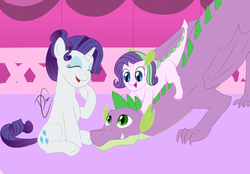 Size: 1280x890 | Tagged: safe, artist:linadoon, artist:linadoonofficial, rarity, spike, oc, dracony, dragon, hybrid, g4, alternate hairstyle, family, female, interspecies offspring, male, offspring, older, older spike, parent:rarity, parent:spike, parents:sparity, ship:sparity, shipping, straight, winged spike, wings