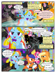 Size: 612x792 | Tagged: safe, artist:christhes, applejack, pinkie pie, rainbow dash, earth pony, pegasus, pony, comic:friendship is dragons, g4, angry, bandana, blade, clothes, collaboration, comic, crossover, dialogue, dragon age, dress, eyes closed, female, fight, fire, freckles, gala dress, glare, grin, hat, isabela, laurel wreath, looking back, magic, magic circle, mare, ninja, raised hoof, rearing, running, show accurate, smiling, weapon, wingblade