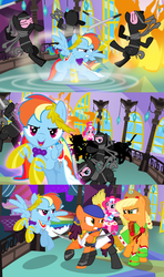 Size: 1920x3240 | Tagged: safe, alternate version, artist:christhes, applejack, pinkie pie, rainbow dash, earth pony, pegasus, pony, comic:friendship is dragons, g4, angry, bandana, blade, clothes, collaboration, comic, crossover, dragon age, dress, eyes closed, female, fight, fire, freckles, gala dress, glare, grin, hat, isabela, laurel wreath, looking back, magic, magic circle, mare, ninja, raised hoof, rearing, running, show accurate, smiling, weapon, wingblade