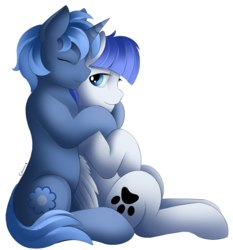 Size: 2534x2721 | Tagged: safe, artist:conrie, oc, oc only, oc:double colon, oc:snow pup, pegasus, pony, unicorn, female, high res, hug, mare, paw prints, simple background, sitting, white background, wings