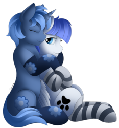 Size: 2534x2721 | Tagged: safe, alternate version, artist:conrie, oc, oc only, oc:double colon, oc:snow pup, pegasus, pony, unicorn, clothes, female, high res, hug, mare, paw prints, sitting, socks, striped socks, wings