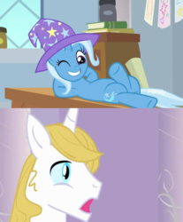 Size: 1024x1236 | Tagged: safe, edit, edited screencap, screencap, prince blueblood, trixie, pony, a horse shoe-in, g4, discovery family logo, female, male, one eye closed, ship:bluetrix, shipping, shipping domino, straight, surprised blueblood, wink