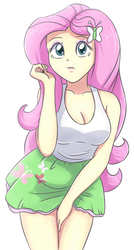 Size: 1228x2283 | Tagged: safe, artist:sumin6301, fluttershy, human, equestria girls, g4, adorasexy, breasts, busty fluttershy, butterfly hairpin, cleavage, clothes, cute, digital art, eyeshadow, female, fluttershy's skirt, hairclip, hairpin, leaning forward, legs, legs together, makeup, miniskirt, moe, pink background, sexy, shirt, shyabetes, simple background, skirt, sleeveless, sleeveless shirt, solo, stupid sexy fluttershy, tank top, teenager, thighs, white background