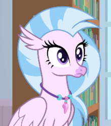 Size: 224x254 | Tagged: safe, screencap, silverstream, classical hippogriff, hippogriff, a horse shoe-in, g4, book, bookshelf, cropped, cute, diastreamies, female, jewelry, necklace, solo, teenager