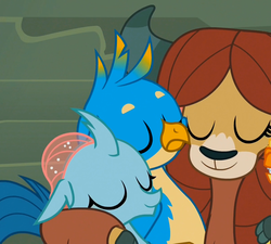 Size: 1200x1080 | Tagged: safe, edit, edited screencap, screencap, gallus, ocellus, yona, changedling, changeling, griffon, yak, g4, school daze, castle of the royal pony sisters, cloven hooves, comforting, cropped, cuddling, cute, diaocelles, eyes closed, female, gallabetes, group hug, heartwarming, hug, male, offscreen character, sad, shipping fuel, side by side, smiling, stairs, trio, yonadorable