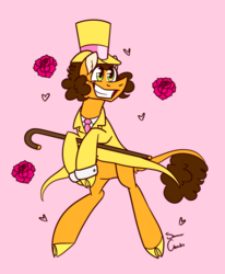 Size: 1690x2048 | Tagged: safe, artist:summer-cascades, cheese sandwich, earth pony, pony, g4, the last laugh, cane, clothes, flower, hat, male, rose, smiling, solo, suit, top hat