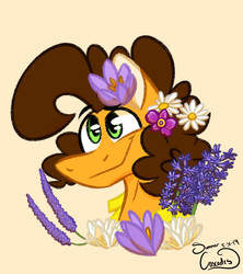 Size: 1365x1536 | Tagged: safe, artist:summer-cascades, cheese sandwich, earth pony, pony, g4, clothes, flower, flower in hair, male, raised eyebrow, shirt, smiling, solo, youtube link