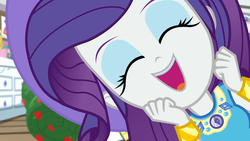 Size: 1920x1080 | Tagged: safe, screencap, rarity, camping must-haves, equestria girls, equestria girls series, g4, spoiler:eqg series (season 2), bracelet, close-up, cute, extreme close-up, eyes closed, eyeshadow, female, geode of shielding, happy, hat, jewelry, magical geodes, makeup, open mouth, photobomb, rarara, raribetes, rarity's bedroom, sleeping bag, smiling