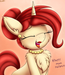 Size: 2628x3040 | Tagged: safe, artist:an-tonio, oc, oc only, oc:golden brooch, pony, unicorn, chest fluff, cute, descriptive noise, ear fluff, ear piercing, female, fluffy, hair bun, happy, high res, jewelry, lipstick, mother, necklace, ocbetes, pearl necklace, piercing, red lipstick, shoulder fluff, simple background, solo