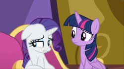Size: 1667x937 | Tagged: safe, screencap, rarity, twilight sparkle, alicorn, pony, unicorn, dragon dropped, g4, cropped, duo, female, floppy ears, looking away, mare, sad, twilight sparkle (alicorn)