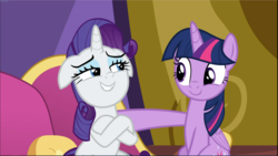 Size: 1671x941 | Tagged: safe, screencap, rarity, twilight sparkle, alicorn, pony, unicorn, dragon dropped, g4, cropped, crossed hooves, cute, duo, female, floppy ears, lidded eyes, looking at each other, mare, raised hoof, raribetes, sitting, smiling, twiabetes, twilight sparkle (alicorn)