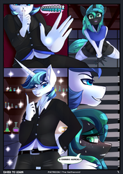 Size: 2066x2918 | Tagged: safe, artist:theneithervoid, queen chrysalis, shining armor, anthro, comic:eager to learn, g4, blushing, clothes, comic, cuckold, cuckolding, high res, highschool, looking up, shhh, socks, spying, sweat, thigh highs, uniform