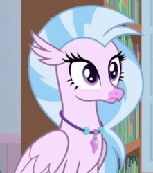 Size: 424x480 | Tagged: safe, screencap, silverstream, sky beak, classical hippogriff, hippogriff, a horse shoe-in, g4, animated, book, bookshelf, cropped, cute, diastreamies, female, gif, happy, jewelry, necklace, sad, smiling, solo focus, teenager, waving
