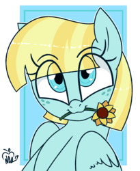 Size: 900x1100 | Tagged: safe, artist:notenoughapples, helia, pegasus, pony, g4, cute, eye clipping through hair, female, flower, flower in mouth, freckles, heliadorable, mare, mouth hold, smiling, solo, transparent background