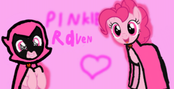 Size: 398x205 | Tagged: safe, artist:pagiepoppie12345, pinkie pie, earth pony, pony, g4, cloak, clothes, cute, diapinkes, flower, happy, heart, pink background, pink eyes, pinkie raven, raven (dc comics), simple background, smiling, sparkly eyes, teen titans go