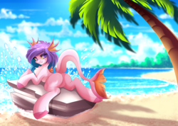Size: 4214x3000 | Tagged: safe, artist:airiniblock, oc, oc only, oc:sakari, merpony, pony, rcf community, beach, butt, chest fluff, ear fins, featureless crotch, female, fins, fish tail, looking at you, looking back, looking back at you, palm tree, plot, rock, sand, solo, tree, water, wave