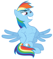 Size: 7000x7700 | Tagged: safe, artist:calm wind, artist:tardifice, edit, rainbow dash, pony, campfire tales, g4, 1000 years in photoshop, abs, absurd resolution, anatomically incorrect, buff, buff edit, female, grin, muscles, puffed chest, rainbuff dash, simple background, sitting, smiling, solo, spread wings, wings