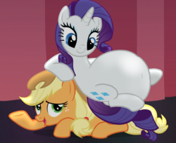Size: 1283x1045 | Tagged: safe, edit, edited screencap, screencap, applejack, rarity, pony, unicorn, fame and misfortune, g4, belly, big belly, cropped, female, lying down, mare, raripred