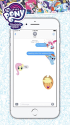Size: 435x776 | Tagged: safe, applejack, fluttershy, gilda, pinkie pie, rainbow dash, rumble, earth pony, pegasus, pony, g4, my little pony stickers, app, cute, female, happy, ios, iphone, jackabetes, mare, my little pony logo, party cannon, sticker, text message, texting, yay