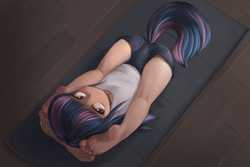 Size: 2913x1941 | Tagged: safe, artist:pestil, wind sprint, human, barefoot, feet, female, flexible, frontbend, humanized, looking at you, looking up at you, not twilight sparkle, on back, solo, tailed humanization