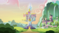 Size: 2200x1234 | Tagged: safe, screencap, dragon dropped, g4, building, dawn, mountain, no pony, scenery, school of friendship, twilight's castle, waterfall