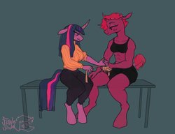 Size: 4096x3145 | Tagged: safe, artist:fizzlesoda2000, fizzlepop berrytwist, tempest shadow, twilight sparkle, alicorn, unicorn, anthro, unguligrade anthro, g4, abs, athletic tape, bandage, bench, blushing, broken horn, clothes, female, horn, implied lesbian, implied shipping, implied tempestlight, lesbian, lidded eyes, midriff, muscles, ship:tempestlight, shipping, simple background, sports bra, sports shorts, sweater, tail wrap, temple shadow, tongue out, workout outfit