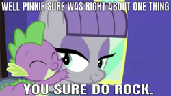 Size: 624x351 | Tagged: safe, edit, edited screencap, editor:undeadponysoldier, screencap, maud pie, spike, dragon, earth pony, pony, g4, maud pie (episode), caption, cute, female, hug, image macro, implied pinkie pie, irrational exuberance, male, mare, meme, pun, ship:maudspike, shipping, smiling, spikelove, straight, text, when she smiles