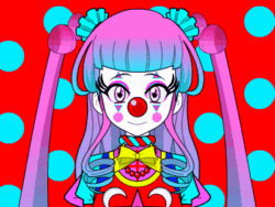 Size: 400x300 | Tagged: safe, artist:technopagan9, twilight sparkle, human, g4, alternate hairstyle, animated, blinking, bowtie, clothes, clown, clown nose, female, gif, humanized, kisekae, polka dot background, red nose, smiling