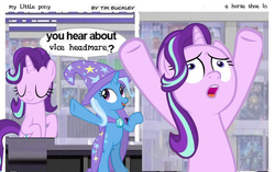 Size: 1024x645 | Tagged: safe, starlight glimmer, trixie, pony, a horse shoe-in, g4, 1000 years in photoshop, bipedal, cape, clothes, ctrl alt del, hat, meme, reference, trixie's cape, trixie's hat