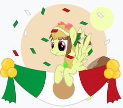 Size: 1418x1241 | Tagged: safe, artist:wheatley r.h., derpibooru exclusive, oc, oc only, oc:tailcoatl, pegasus, pony, confetti, female, flag, mare, mexican, mexican flag, mexican independence day, mexico, nation ponies, pegasus wings, ponified, red eyes, september 16th, simple background, smiling, solo, spread wings, vector, wings