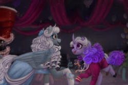 Size: 5400x3600 | Tagged: safe, artist:violettacamak, oc, oc:midnight note, oc:stardust (midnight note), pegasus, pony, unicorn, 80's fashion, clothes, commission, couple, dancing, dress, painting, photo, prom