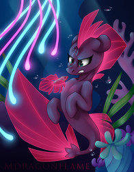 Size: 1920x2452 | Tagged: safe, artist:mdragonflame, tempest shadow, betta, fish, seapony (g4), tropical fish, g4, my little pony: the movie, angry, broken horn, bubble, eye scar, female, frustrated, gritted teeth, horn, scar, seaponified, seapony tempest shadow, solo, species swap, underwater