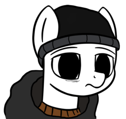 Size: 1854x1749 | Tagged: safe, artist:czu, oc, oc only, oc:anon, earth pony, pony, beanie, black hoodie, clothes, doomer, frown, hat, hoodie, meme, no catchlights, simple background, white background, wojak