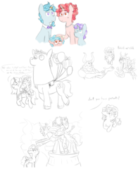 Size: 3000x3818 | Tagged: safe, artist:roseyicywolf, cozy glow, crackle cosette, lord tirek, queen chrysalis, oc, g4, the ending of the end, a better ending for cozy, balloon, cotton candy, cozy glow's father, cozy glow's mother, disguise, disguised changeling, headcanon, high res, legion of doom, legion of doom statue, monochrome, parent, partial color, ring, sketch