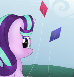 Size: 1368x1424 | Tagged: safe, artist:noosa, starlight glimmer, pony, unicorn, g4, blushing, date, female, kite, looking at you, looking back, looking back at you, mare, offscreen character, sky, smiling, solo, tree