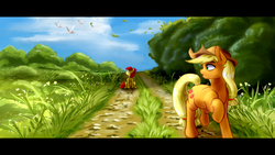 Size: 2454x1380 | Tagged: safe, artist:lorenz3, artist:notaletolivefor, apple bloom, applejack, bird, earth pony, pony, g4, apple sisters, cloud, duo, female, filly, foal, grass, looking at something, looking back, mare, scenery, siblings, sisters, sitting, sky, trail, tree