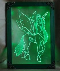Size: 1280x1534 | Tagged: safe, artist:irfp250n, artist:longinius, queen chrysalis, changeling, changeling queen, g4, craft, engraving, female, led, looking at you, mare, nightlight, raised hoof, spread wings, standing, story included, wings