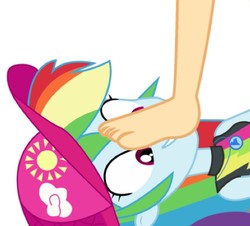 Size: 626x565 | Tagged: artist needed, safe, applejack, rainbow dash, human, equestria girls, g4, barefoot, cap, clothes, face, feet, hat, lying down, simple background, smiling, swimsuit, trample fetish, white background