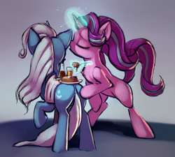 Size: 1087x980 | Tagged: safe, artist:gsphere, starlight glimmer, trixie, pony, unicorn, butt touch, digital art, female, food, fork, fried egg, hoof on butt, juice, lesbian, magic, mare, orange juice, pancakes, plate, rear view, rearing, shipping, startrix, syrup