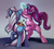 Size: 1087x980 | Tagged: safe, artist:gsphere, starlight glimmer, trixie, pony, unicorn, g4, butt touch, digital art, duo, duo female, female, food, fork, fried egg, hoof on butt, juice, lesbian, magic, mare, orange juice, pancakes, plate, rear view, rearing, ship:startrix, shipping, syrup