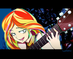 Size: 1600x1297 | Tagged: safe, artist:tyuubatu, sunset shimmer, equestria girls, g4, let it rain, my little pony equestria girls: better together, digital art, electric guitar, female, guitar, musical instrument, smiling, solo