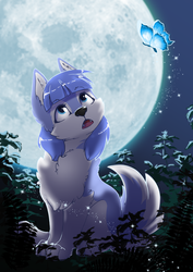 Size: 2480x3508 | Tagged: safe, artist:arctic-fox, oc, oc only, oc:snow pup, butterfly, wolf, cute, furry, high res, moon, open mouth, pale belly, species swap, wolfified