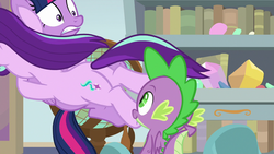 Size: 1280x720 | Tagged: safe, screencap, spike, starlight glimmer, twilight sparkle, alicorn, dragon, pony, a horse shoe-in, g4, eyes on the prize, looking at butt, twilight sparkle (alicorn), winged spike, wings